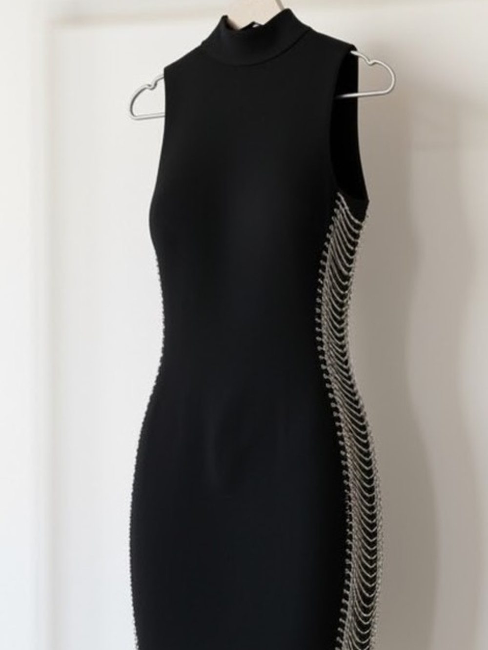 High-Neck Black Mini Dress with Side Jewel Trim